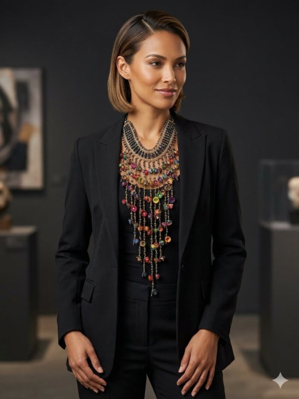 Mexican Artisanal Palm Flower Waterfall Statement Necklace / Boho Iridescent